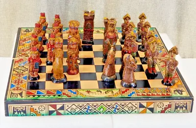 Handmade Chess Set Aztec Mayan Incas VS Spanish Conquistadors Vintage 10”X10” • $45