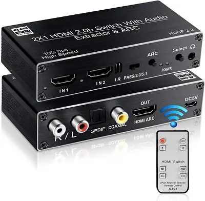 HDMI Switch 2 In 1 Out 4K60hz Avedio Links 2-port Switcher Audio Extractor RCA • $46.98