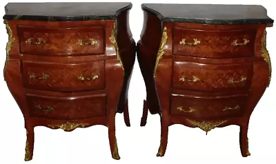 Commodes Pair Walnut Inlay Marble Top Diminutive With Bronze Mounts!! • $1495