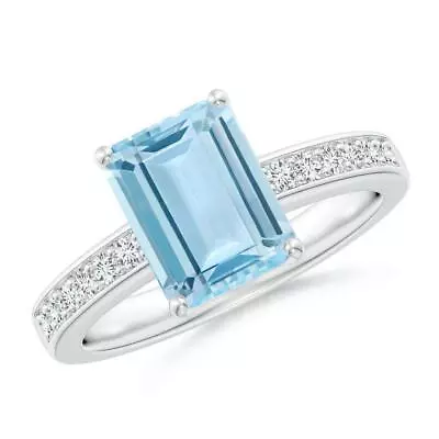 Aquamarine Emerald-Cut Octagon 9x7mm Side Stone Ring For Girls And Woman's • $42.50