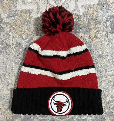 Mitchell & Ness Chicago Bulls Winter Beanie Hat Black Red White Pom Pom • $9.99