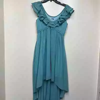 Minuet Teal-Green High Low Ruffles Neckline Dress Ladies Size Small Drop Back • $4.99