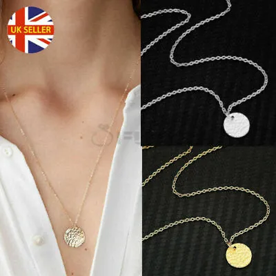 Gold Silver Tone Hammered Surface Coin Round Circle Pendant Cable Chain Necklace • £3.99