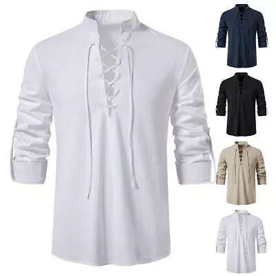 Men Medieval Shirts T-Shirt Lace Up V Neck Blouse Tops Clothes Cosplay Costume~ • £20.29