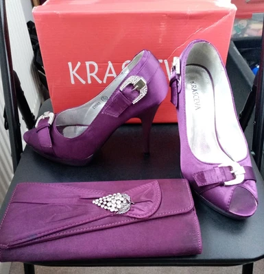 £25 • Buy Krasceva Ladies Purple Aubergine Magenta Sateen Shoes Size 6 And Matching Bag 