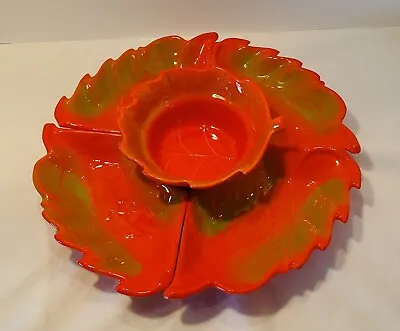 Vintage USA California Pottery #814 Orange Green Leaf Dip 5-Pc Bowls 1970s • $36.95