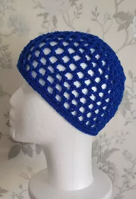 BLUE  SPARKLE CROCHET MESH SKULL CAP HAT 70s Fancy Dress Party ABBA HAT 60s • £7.99