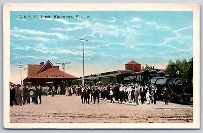 Watertown Wisconsin~C&NW Railroad Depot~Passengers Wait~Train At Station~1920s • $13