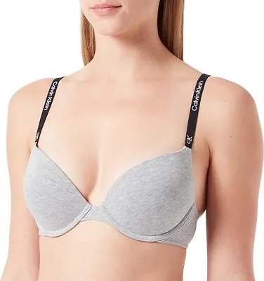 38B Calvin Klein Push Up Bra Women's Plunge Logo Straps Grey 2-Ways Straps Bra • £20