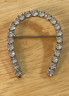 Vintage Horseshoe Brooch Pin Silver Tone Metal Clear Rhinestone Lucky Unsigned • $8