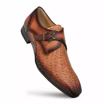 NEW Mezlan Genuine Leather Dress Shoes Woven Leather Monk Strap Tan Rust Brown • $450