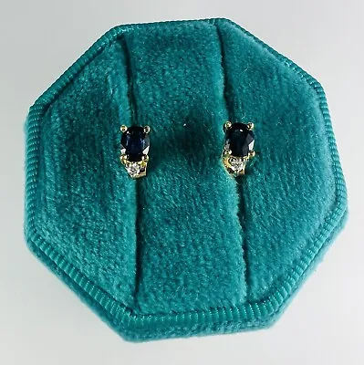 14K Yellow Gold Oval Blue Sapphire & Diamond Stud Earrings • $325