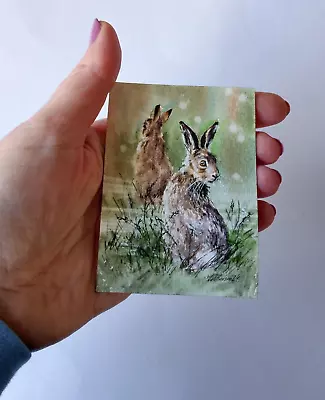 Original Not A Print ACEO Watercolour Miniature Signed. Hares. Collectable • £8