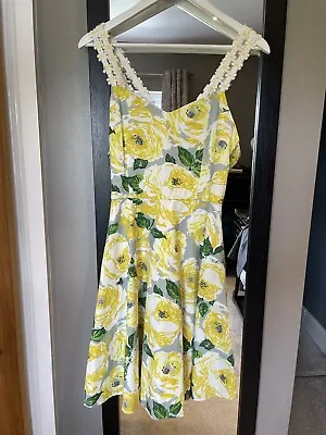 Horrockses Cotton Mini Dress Daisy Straps Yellow Multi Floral UK10 Pockets VGC • £14.99