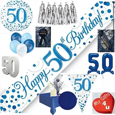 White Blue Age 50th & Happy Birthday Party Decorations Buntings Banners Balloons • £5.99