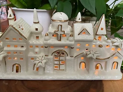 Nativity Scene Bethlehem Gold Trim On White Figures Light Town  Tea Lights W/box • £56.94