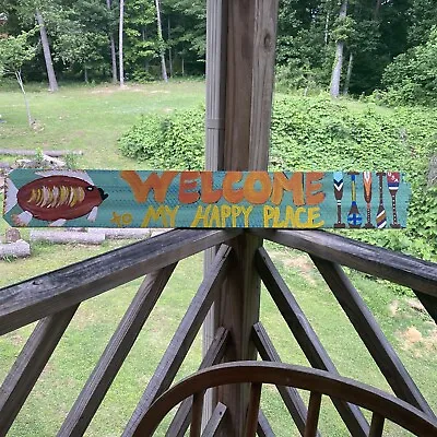 $49.95 • Buy Welcome To My Happy Place- Cabin Lake Wood Décor Sign- Hand Painted Ooak
