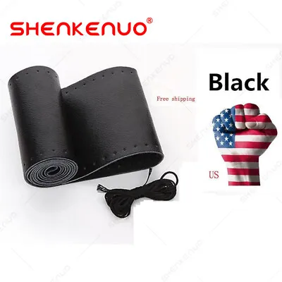 Black Genuine Leather Steering Wheel Cover Wrap Sew-on 38CM DIY Kit For All Car • $12.23