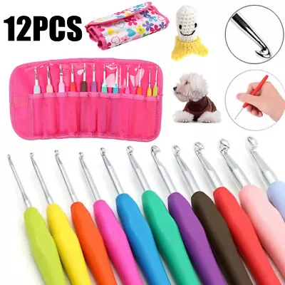 12Pcs Crochet Hooks Set Soft Grip Handles Knitting Aluminium Needles Multi Color • £8.96