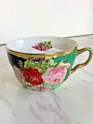 Antique Three Crowns China Mustache Tea Cup With Roses And Gold Accents  • $10.99