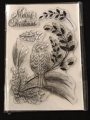Kanban Christmas Clear Stamp Set - Holly Branch Bird Merry Christmas. • £4.50