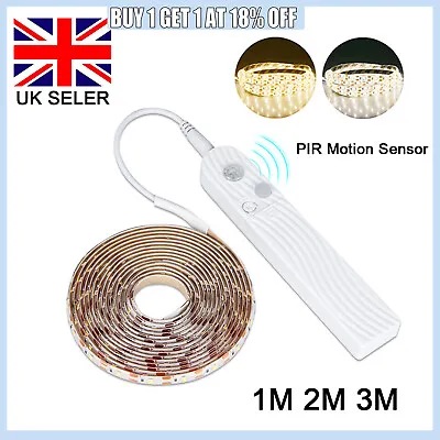 PIR Motion Sensor LED Strip Light Battery Powered Stairs Cabinet Closet White • £6.65