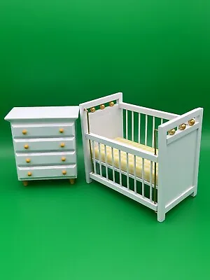1:12 Dolls House Nursery Set White & Yellow Cot Crib And Chest Of Drawers  • £6.50