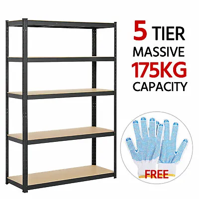 5 Tier Black Metal Garage Shelving Unit Extra Wide Storage Shed Shelves Racking • £51.99