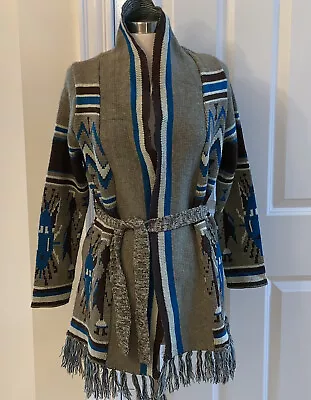 I LOVE H81 Cardigan Sweater Open Front Fringe Tribal Print Brown Blue Size Small • $25.99