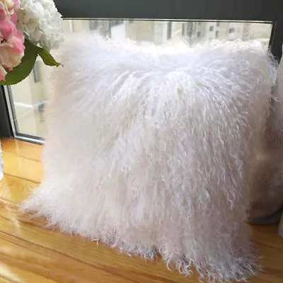 100% Real Mongolian Fur Square White Pillowcase CoverSeat Pillow Cushion 16x16'' • $32.29