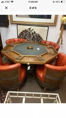 Vintage Oak Barrel Poker Table And Barrel Chairs Orange Set • $950