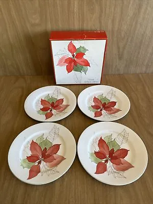 Set Of 4 BLOCK POINSETTIA By Mary Lou Goertzen DESSERT SALAD PLATES 7 7/8” W Box • $18.89