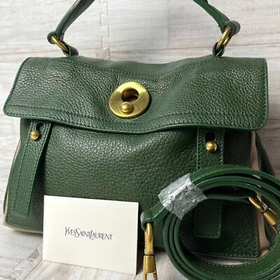 YVES SAINT LAURENT Muse TWO Green Leather Shoulder Bag Handbag YS766 • $357.20