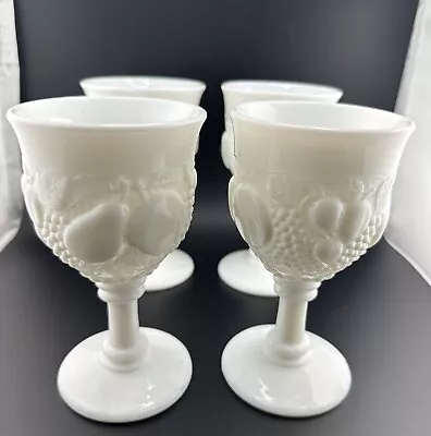 Vintage Set Of 4 Milk Glass Goblet - Opaque White - Fruit Design 6  • $15