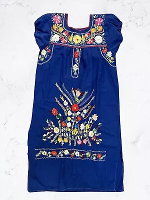 Vintage Hand-Embroidered Blue Cotton Floral Mexican Boho House Dress Kaftan M/L • $9.99