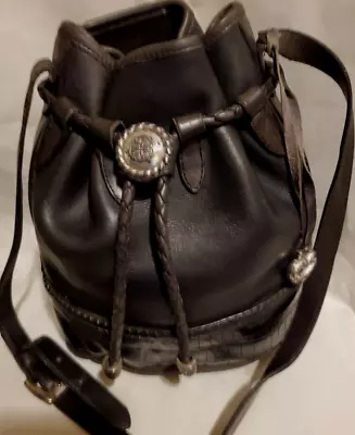 Vintage Brighton Black Leather Cinch Bucket Bag With Mock Croc Trim • $30