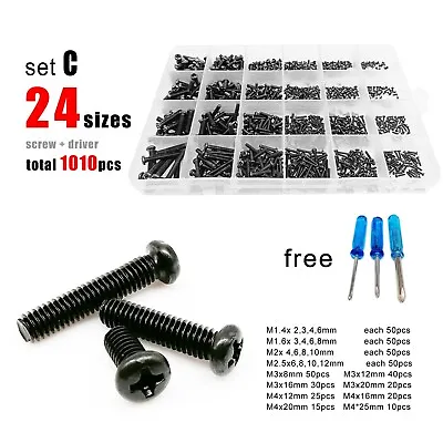 400/2100pcs M1.2-M4 Black Phillips Pan Round Head Screw Bolt Nut Set Kit Box • £7.79