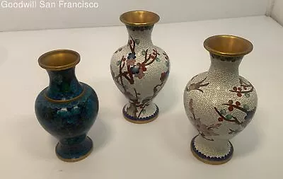 Lot Of 3 Cloisonné Tabletop Flower Vases Home Decorative Floral White Blue • $29.99