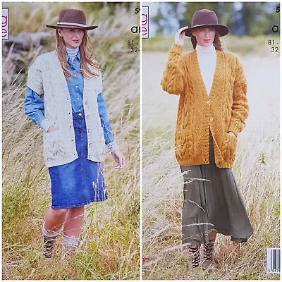 KNITTING PATTERN Ladies Long Cable Waistcoat &Jacket PureWool Aran KingCole 5962 • £4.49