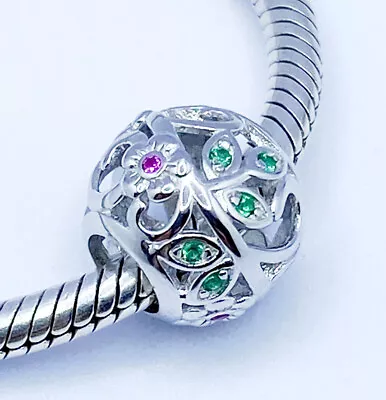 💖 Flower Garden Charm Bead Round Cubic Zirconia Genuine 925 Sterling Silver 💖 • £16.95