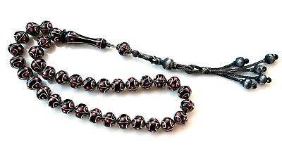 Erzurum Oltu & Red Coral  1000K Silver Inlay Prayer Beads Misbaha تسبيح Masbaha • $256.07