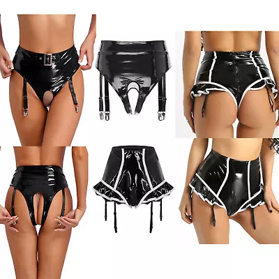 Women Latex Underwear With Garters Clips High Waist Surspender Panties Clubwear • £5.99