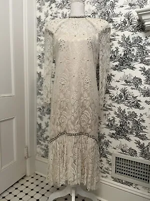 Vintage Claire Dractch Beaded Lace Dress Gatsby Bridal S/M • $38.99