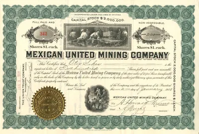Mexican United Mining Co. - Stock Certificate - Mexican Stocks & Bonds • $100