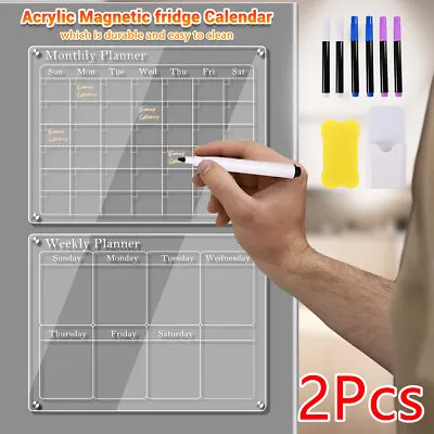 2PCS Acrylic Clear Magnetic Refrigerator Calendar Weekly/Monthly Dry Erase Board • £14.95