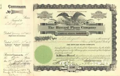 Howard Piano Co. - Stock Certificate - General Stocks • $50.82