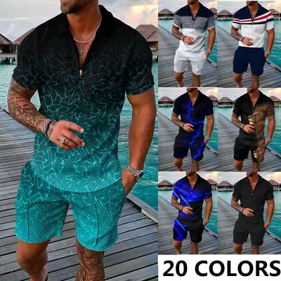 Men Short Sleeve Shorts 2 Piece Sets Casual Beach Suit T-Shirt+Short Pant Outfit • $26.46