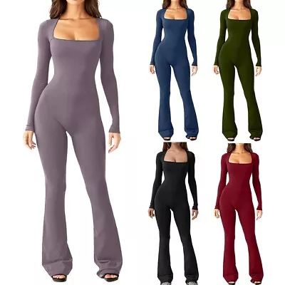 Women Bodycon Jumpsuit Long Square Neck Slim Fit Flared Pants Romper Playsuit • $57.73