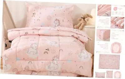  4 Piece Toddler Bedding Set Girls Printed Microfiber Comforter Pink Unicorn • $46