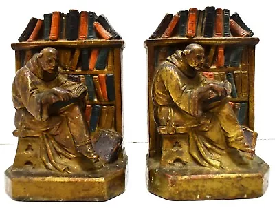 VINTAGE 1930's Armor Bronze Company Bookends Library Monk Man Reading A Book • $58.06